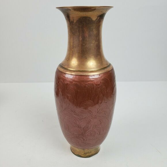 Vintage Mid Century Brass Foundry Vase ART Hand Painted 10 Inch Tall - Picture 4 of 6